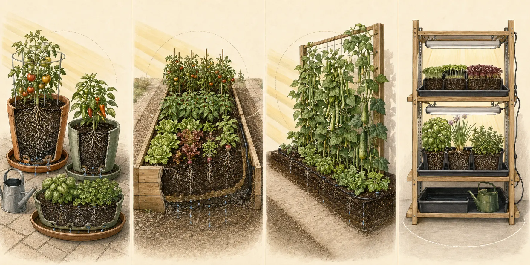 Cutaway illustration of a practical container gardens layout, including mature plant scale, root space, drainage, and access.