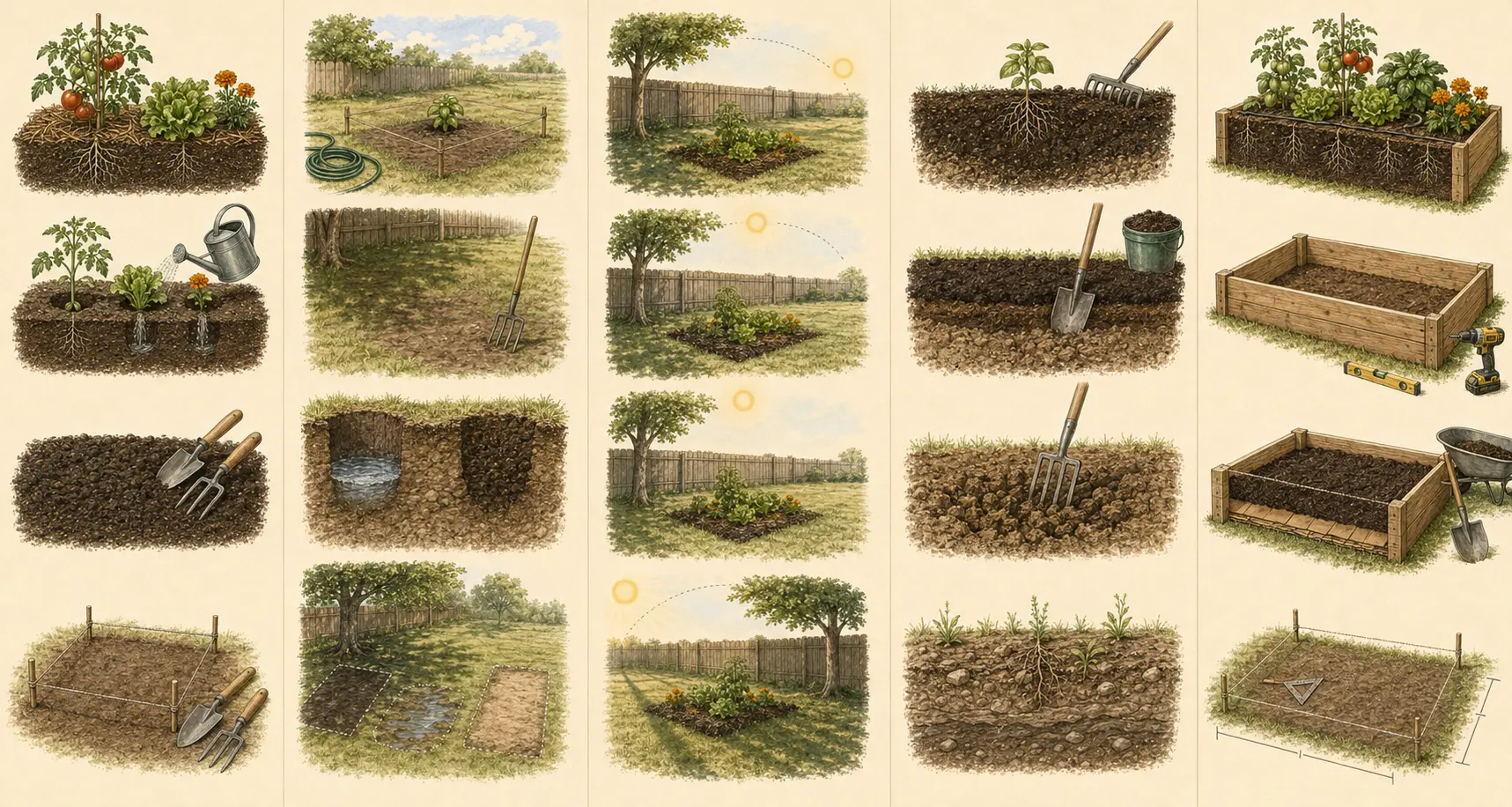 Illustrated field sequence for how to start your first garden, showing the key decisions and physical steps.