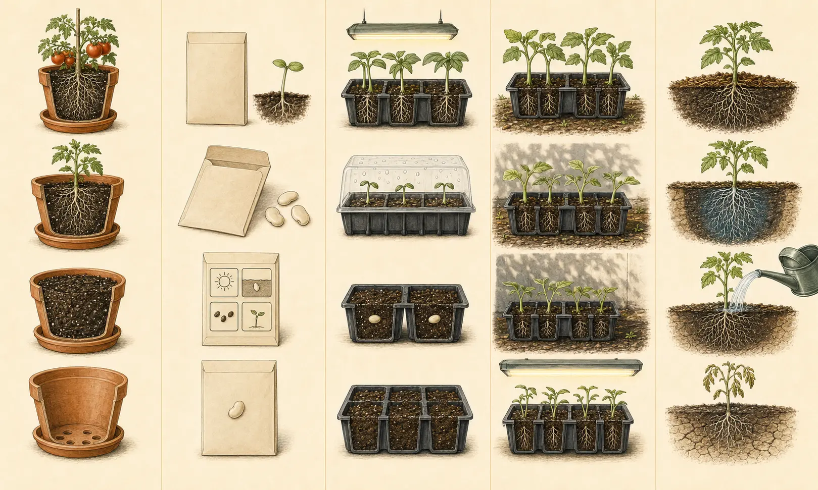 Illustrated field sequence for how to water a garden properly, showing the key decisions and physical steps.