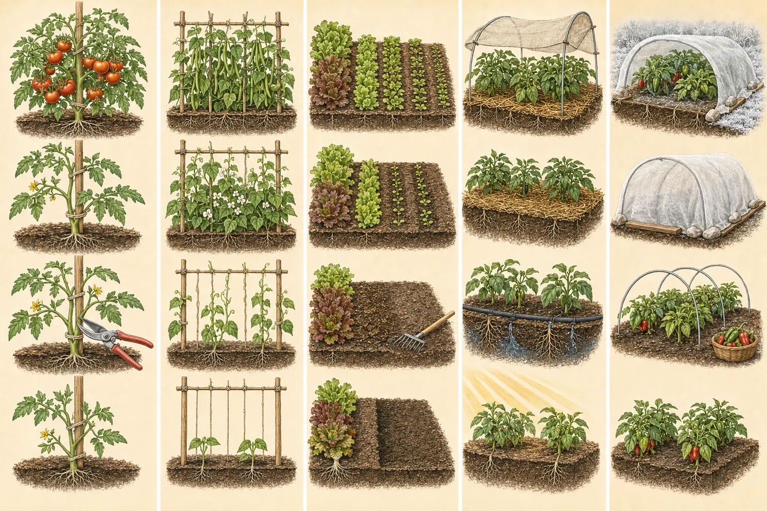 Illustrated field sequence for how to prune and support tomatoes, showing the key decisions and physical steps.