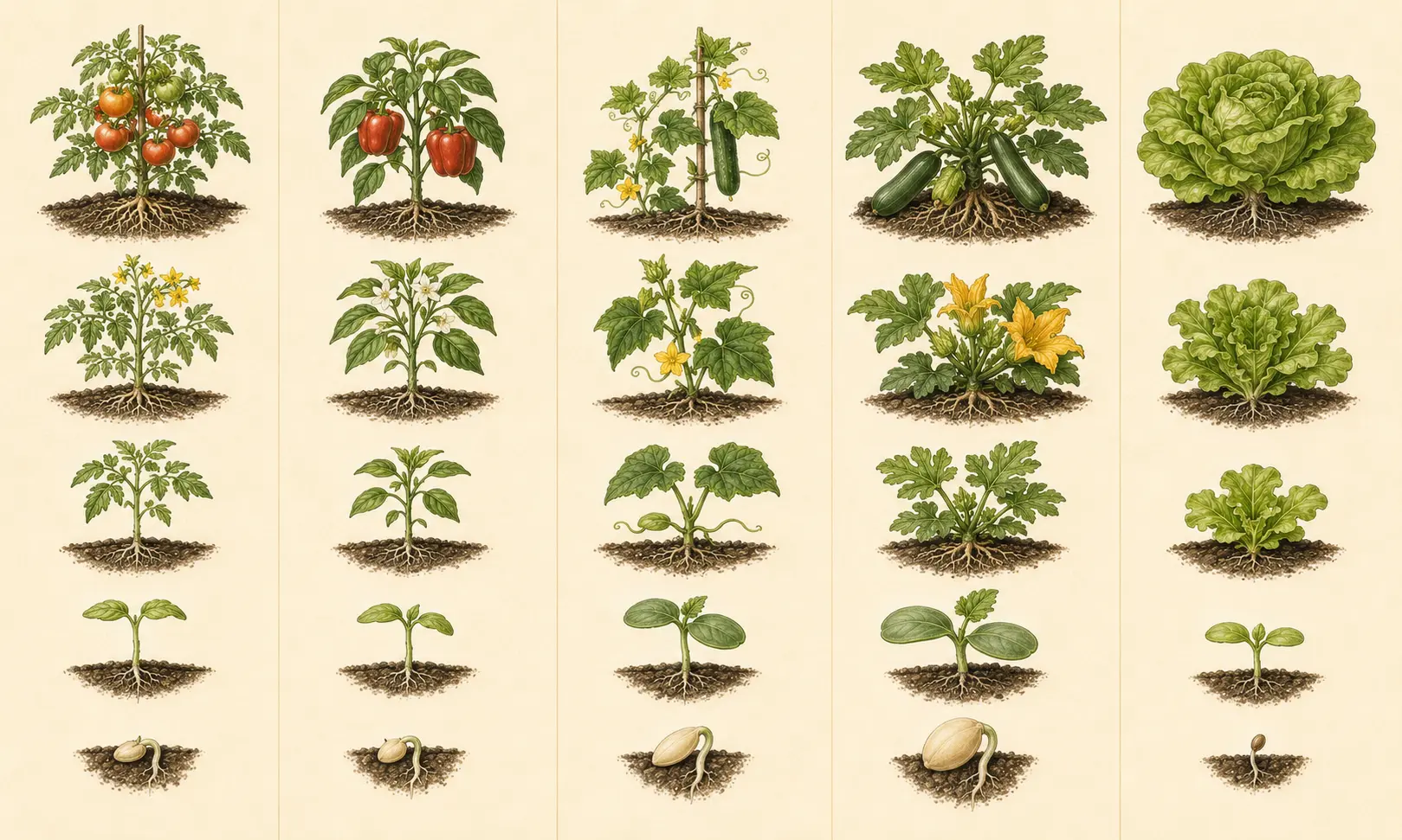 Illustrated growth sequence for cucumber, from establishment through mature harvest.