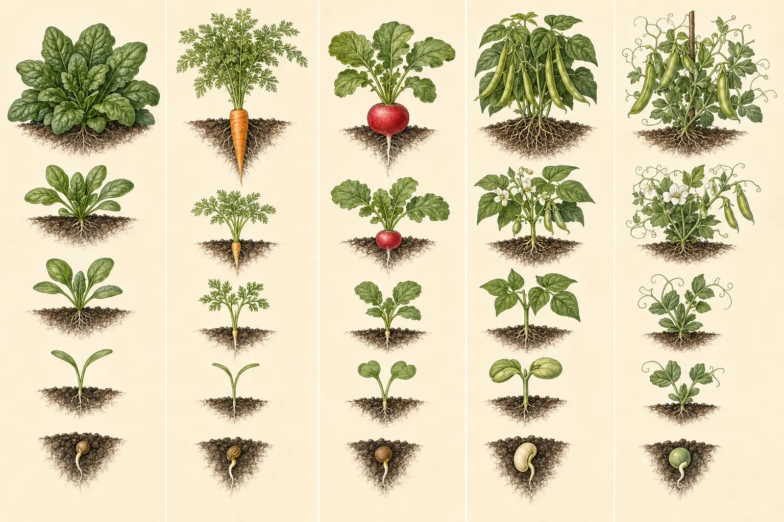 Illustrated growth sequence for radish, from establishment through mature harvest.
