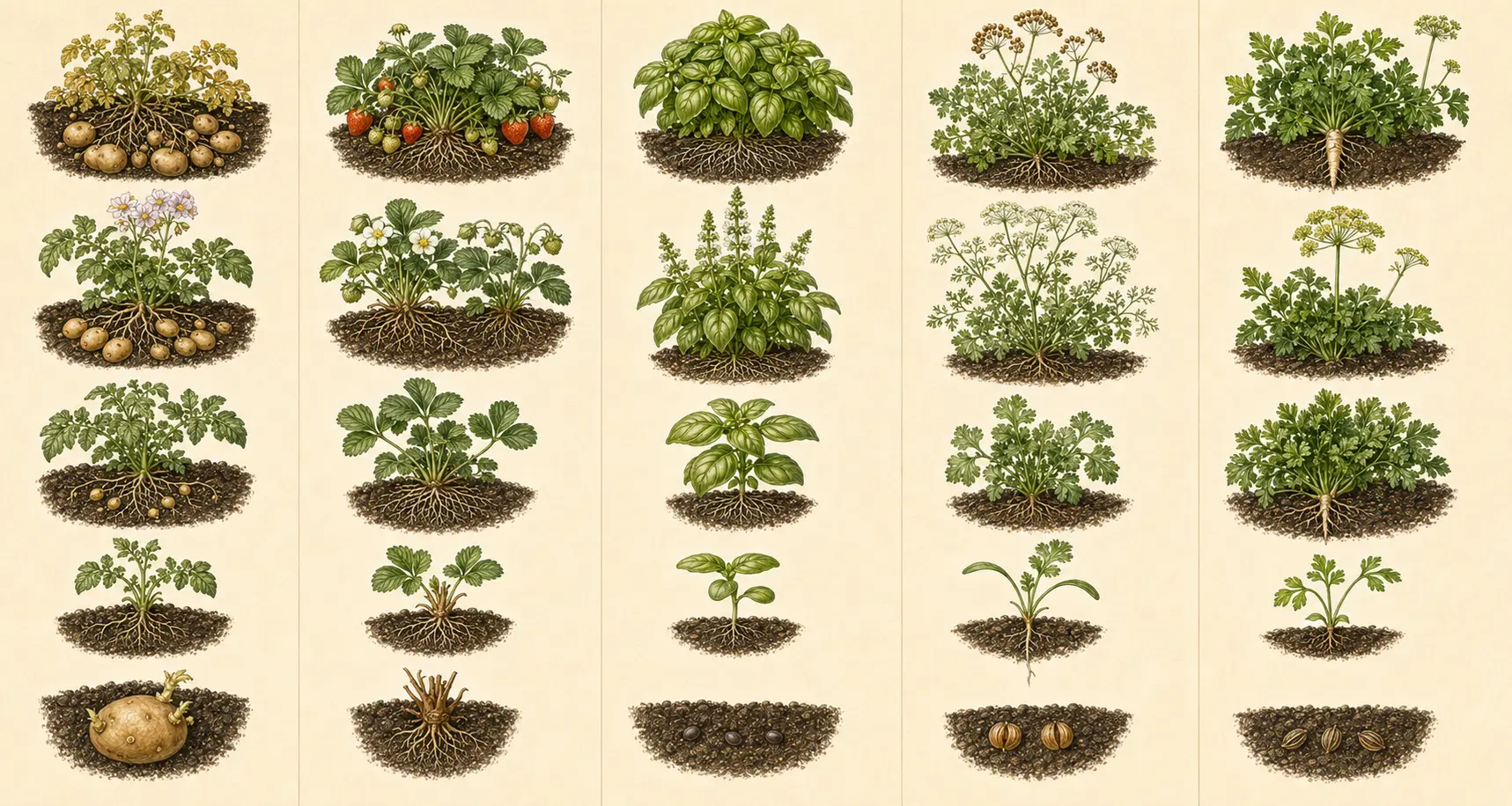 Illustrated growth sequence for basil, from establishment through mature harvest.