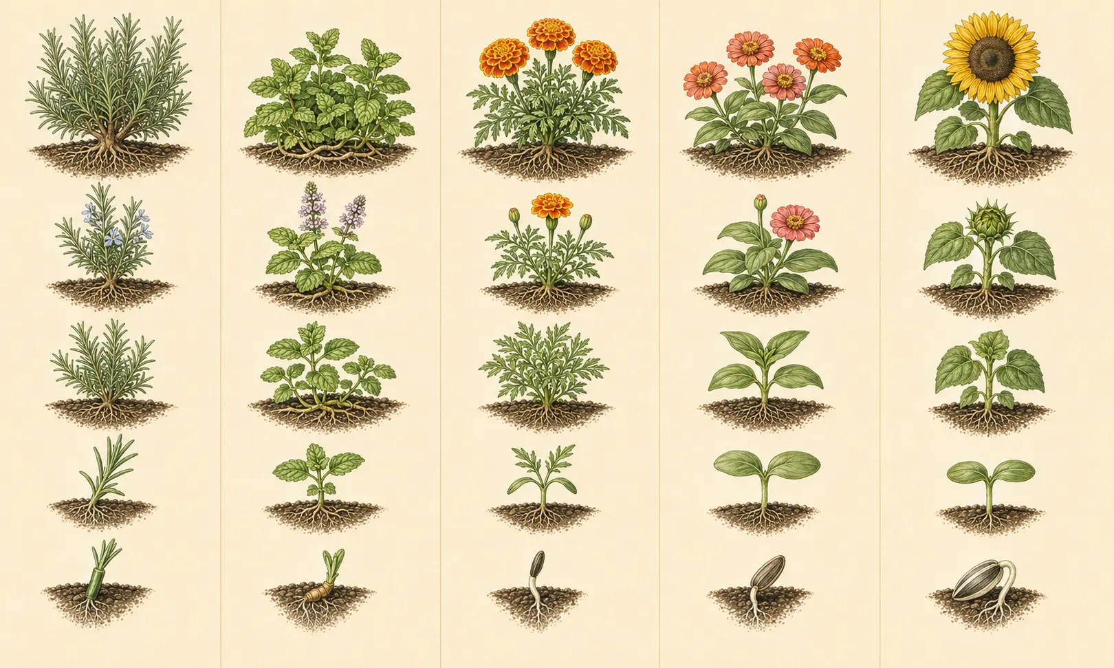 Illustrated growth sequence for mint, from establishment through mature harvest.