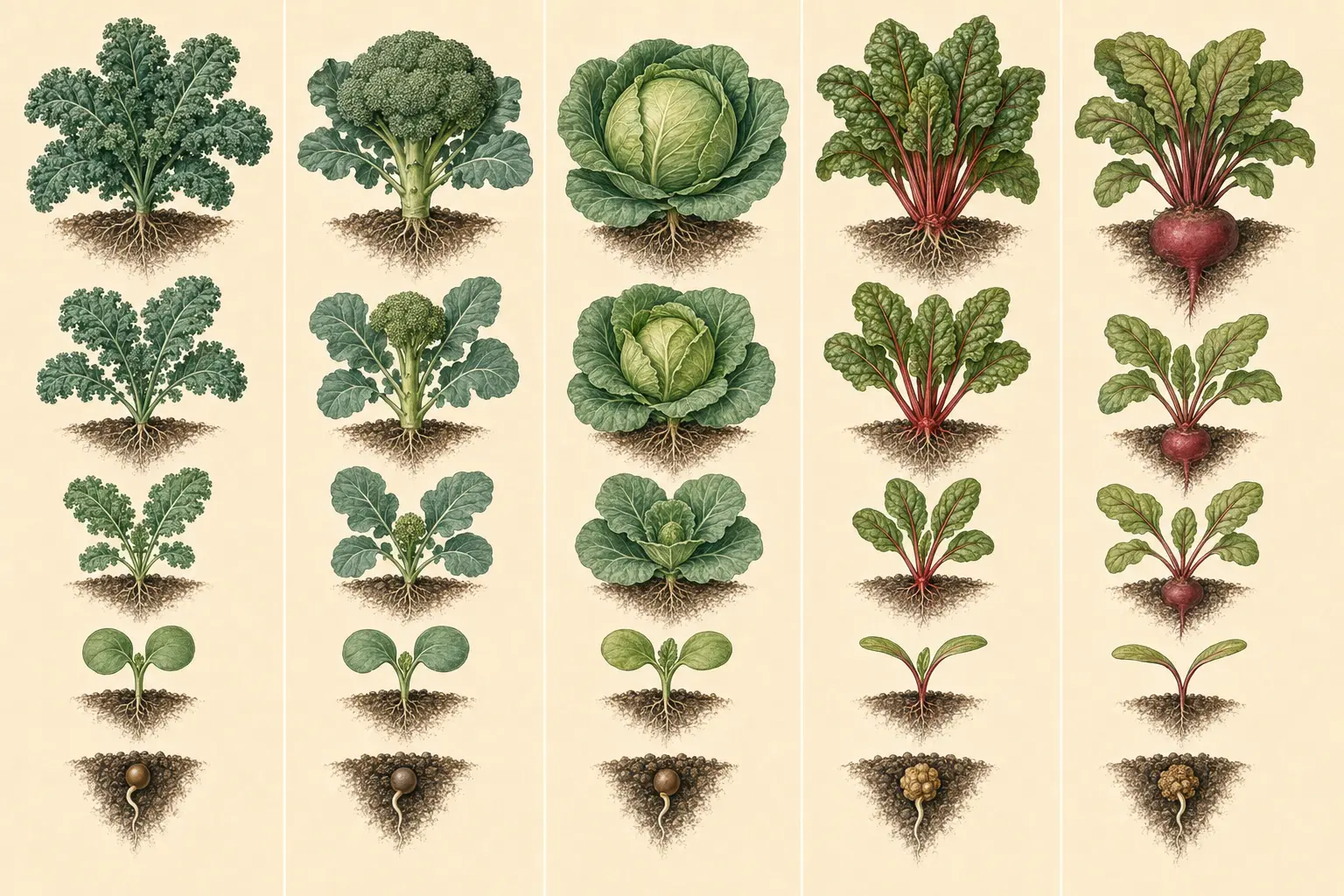 Illustrated growth sequence for cabbage, from establishment through mature harvest.