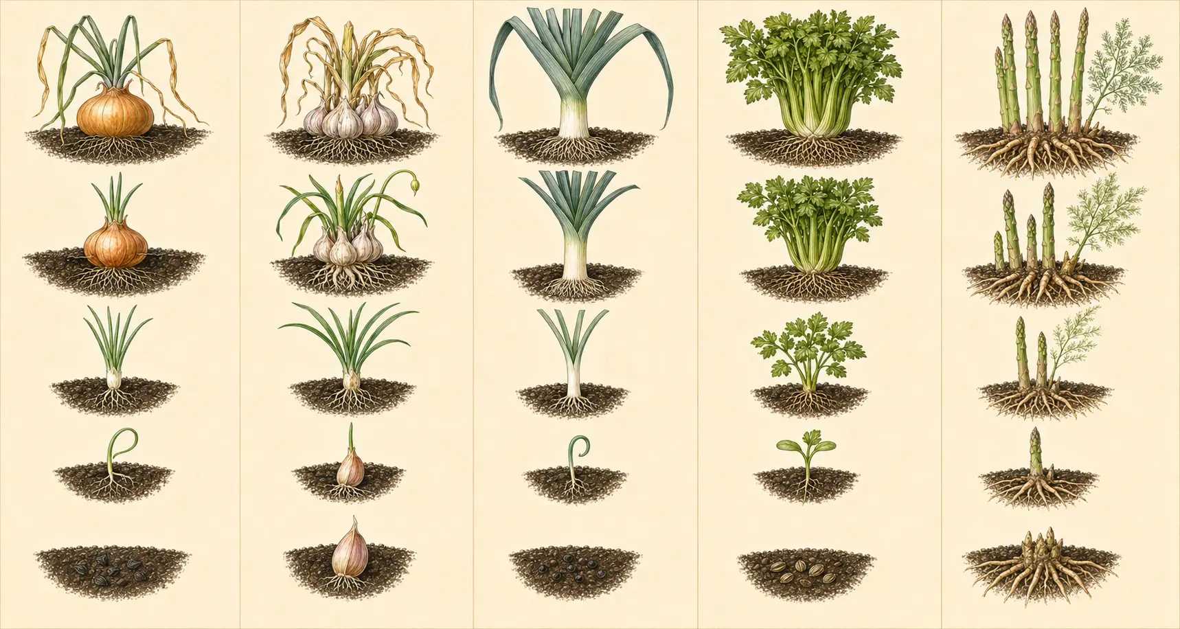 Illustrated growth sequence for celery, from establishment through mature harvest.