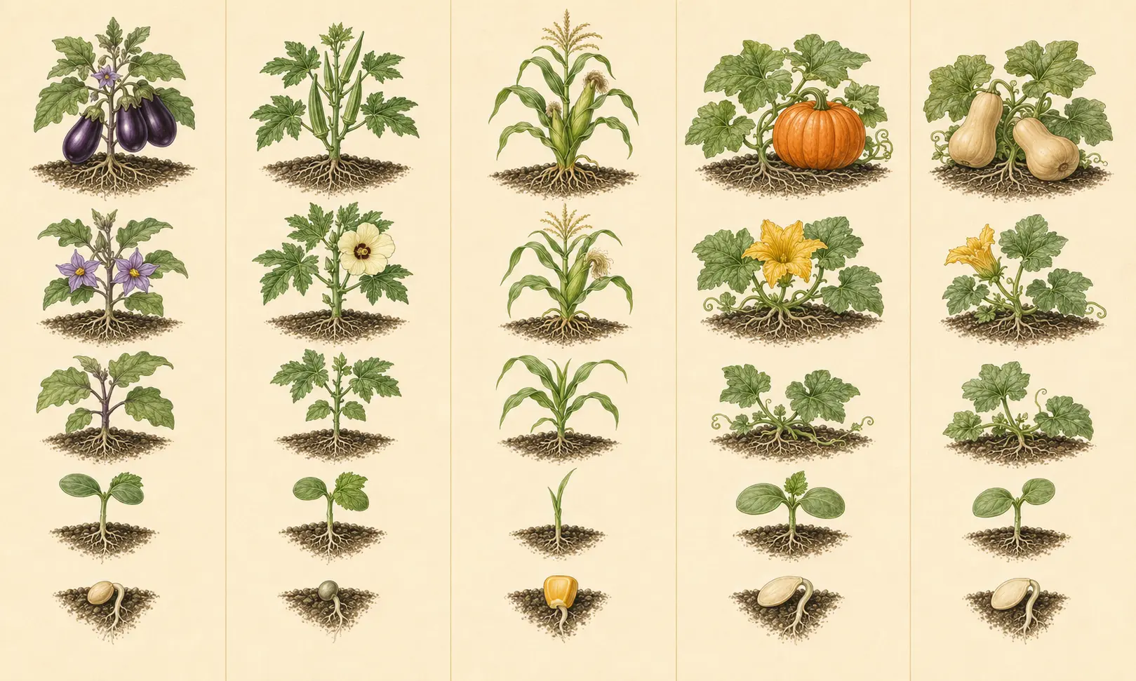 Illustrated growth sequence for sweet corn, from establishment through mature harvest.