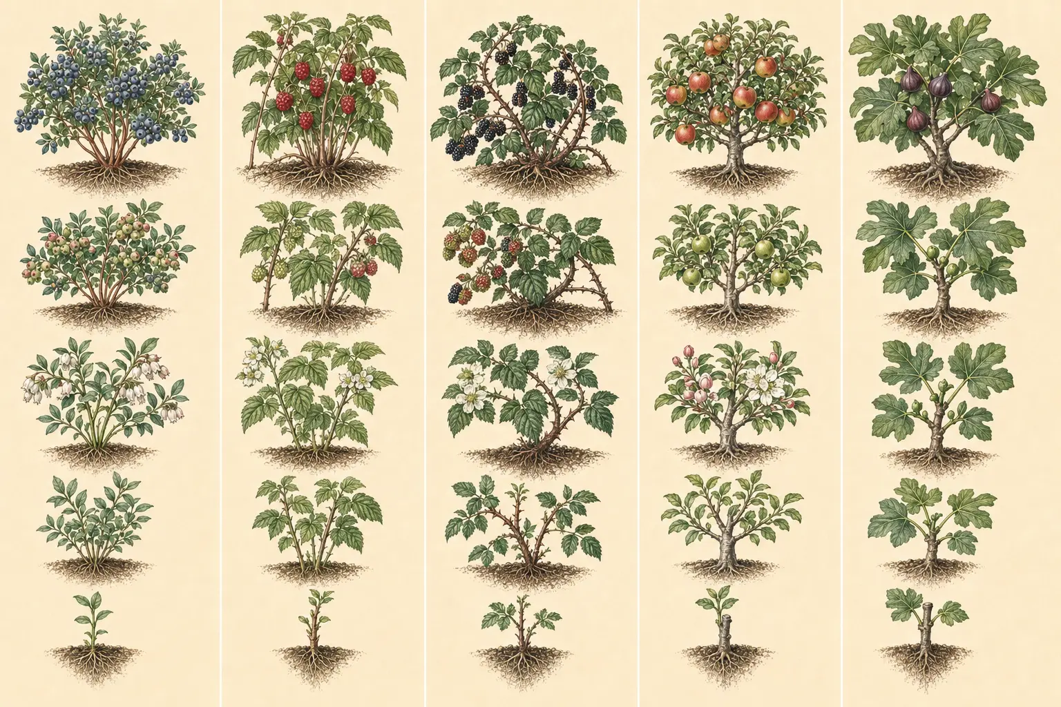 Illustrated growth sequence for raspberry, from establishment through mature harvest.