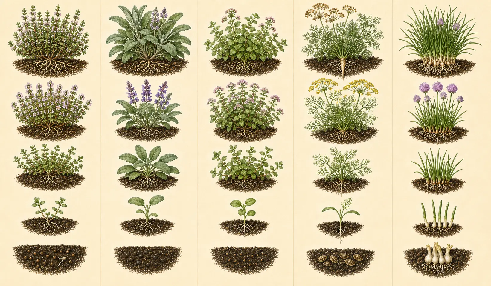 Illustrated growth sequence for thyme, from establishment through mature harvest.
