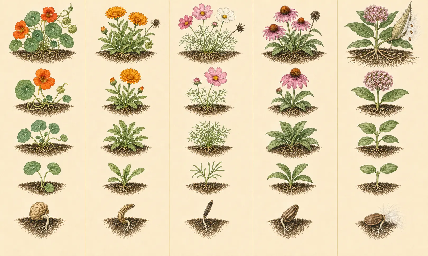 Illustrated growth sequence for coneflower, from establishment through mature harvest.