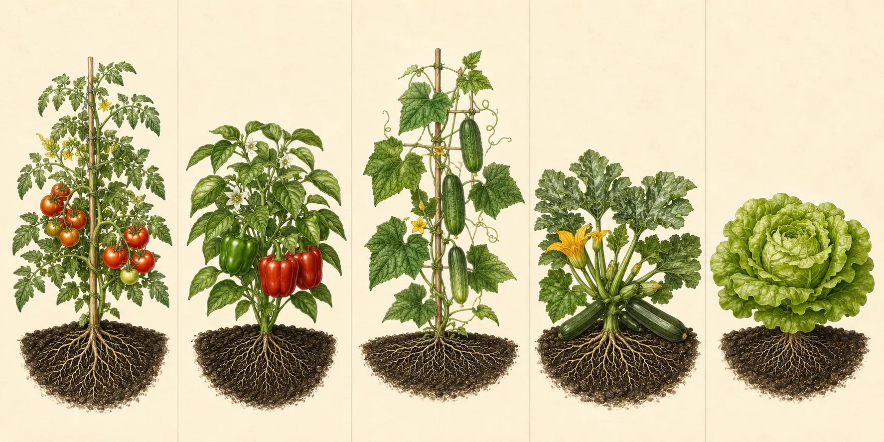 Botanical field illustration of tomato showing its mature form, roots, and recognizable harvest stage.