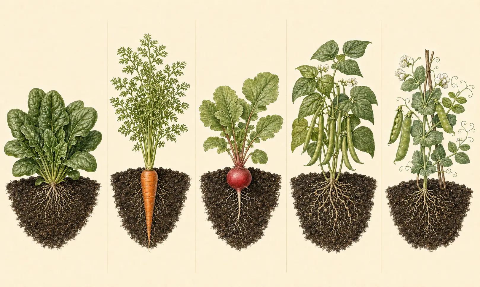 Botanical field illustration of spinach showing its mature form, roots, and recognizable harvest stage.