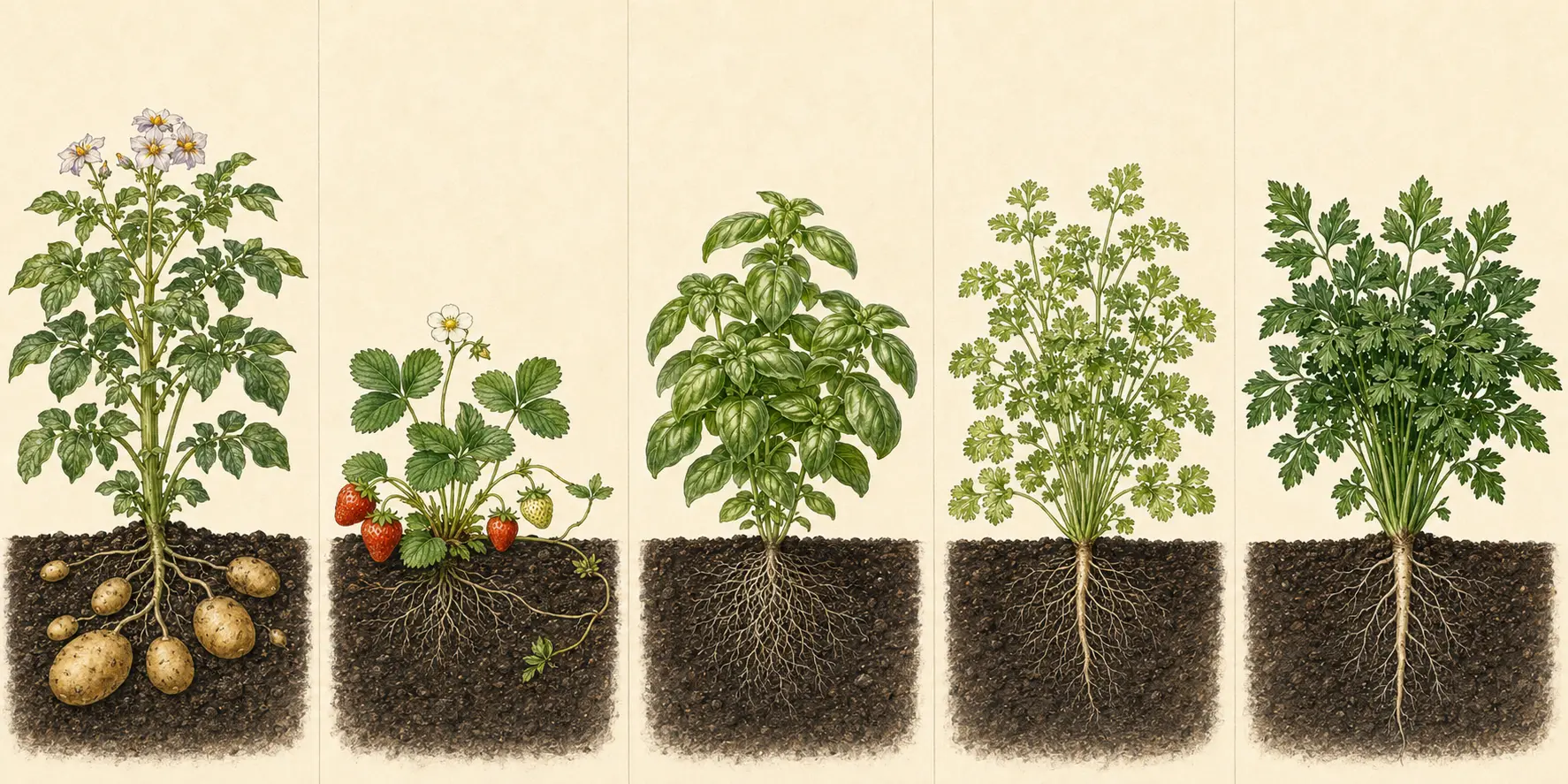 Botanical field illustration of basil showing its mature form, roots, and recognizable harvest stage.