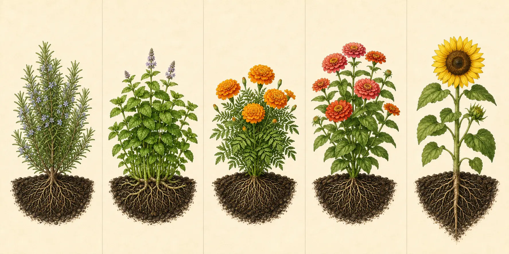 Botanical field illustration of marigold showing its mature form, roots, and recognizable harvest stage.