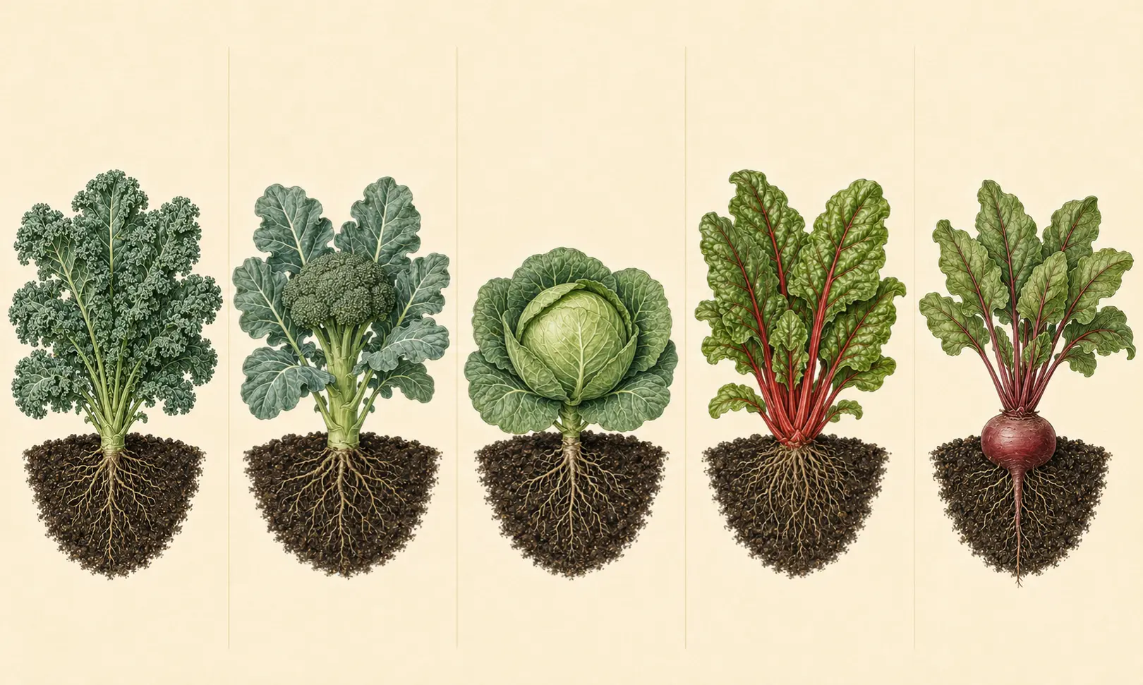 Botanical field illustration of kale showing its mature form, roots, and recognizable harvest stage.