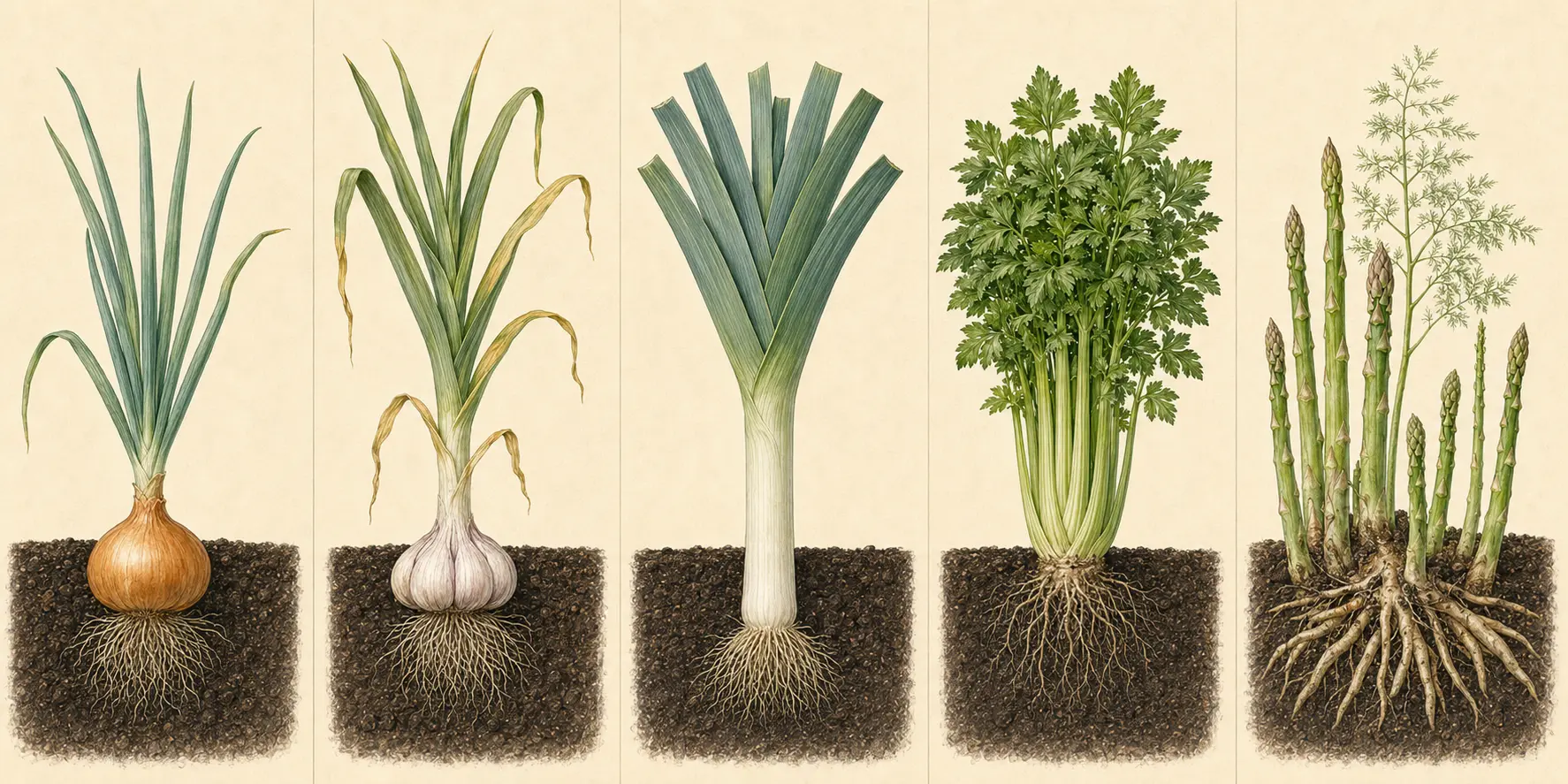 Botanical field illustration of onion showing its mature form, roots, and recognizable harvest stage.