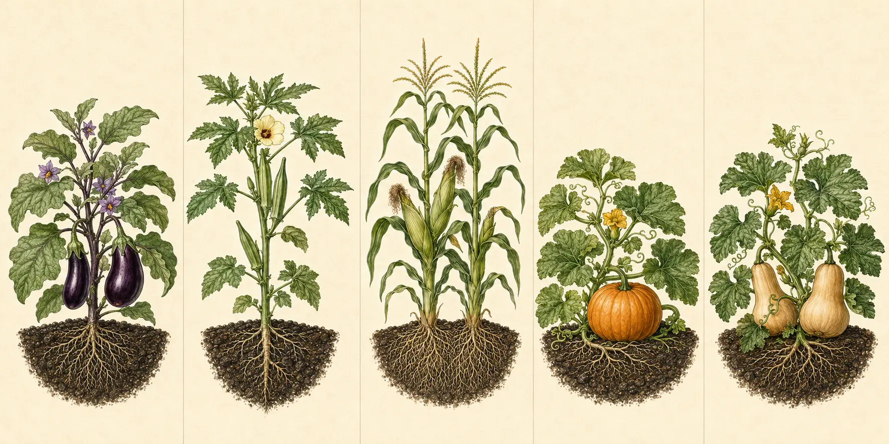 Botanical field illustration of eggplant showing its mature form, roots, and recognizable harvest stage.