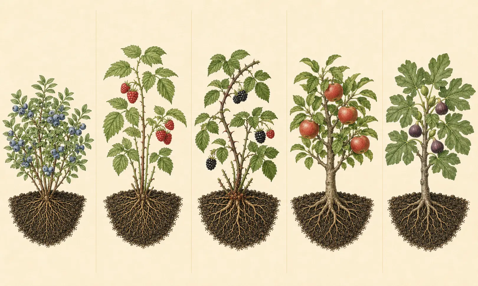 Botanical field illustration of blueberry showing its mature form, roots, and recognizable harvest stage.