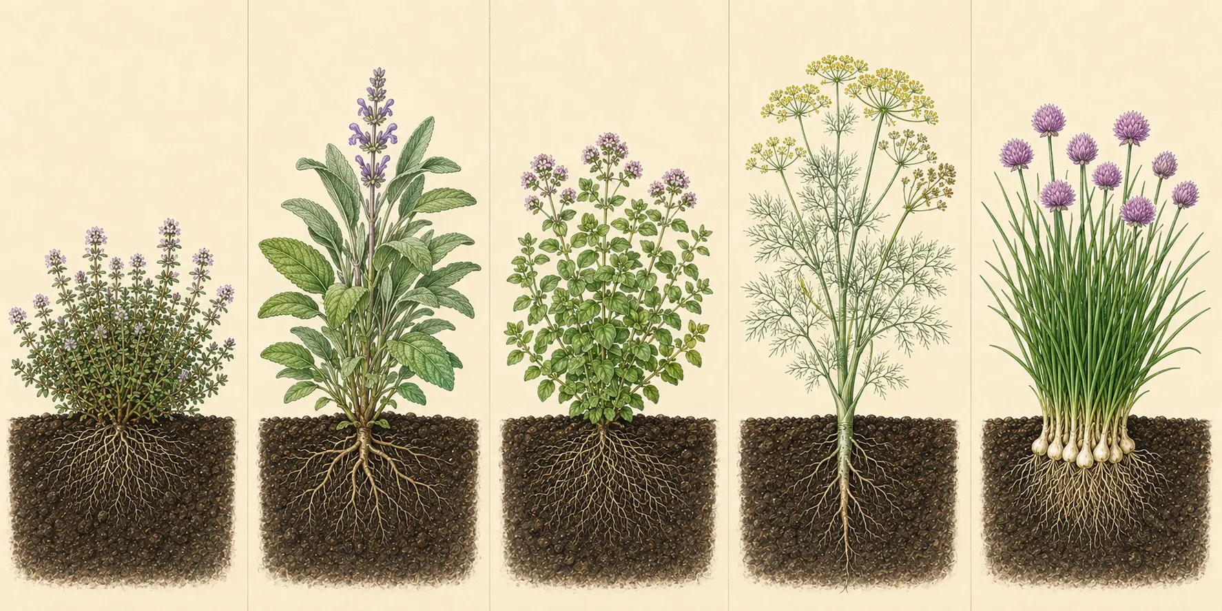 Botanical field illustration of thyme showing its mature form, roots, and recognizable harvest stage.