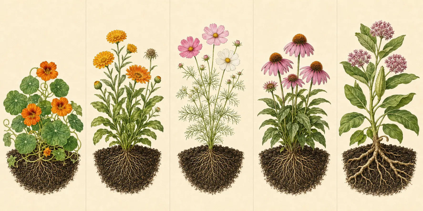 Botanical field illustration of nasturtium showing its mature form, roots, and recognizable harvest stage.