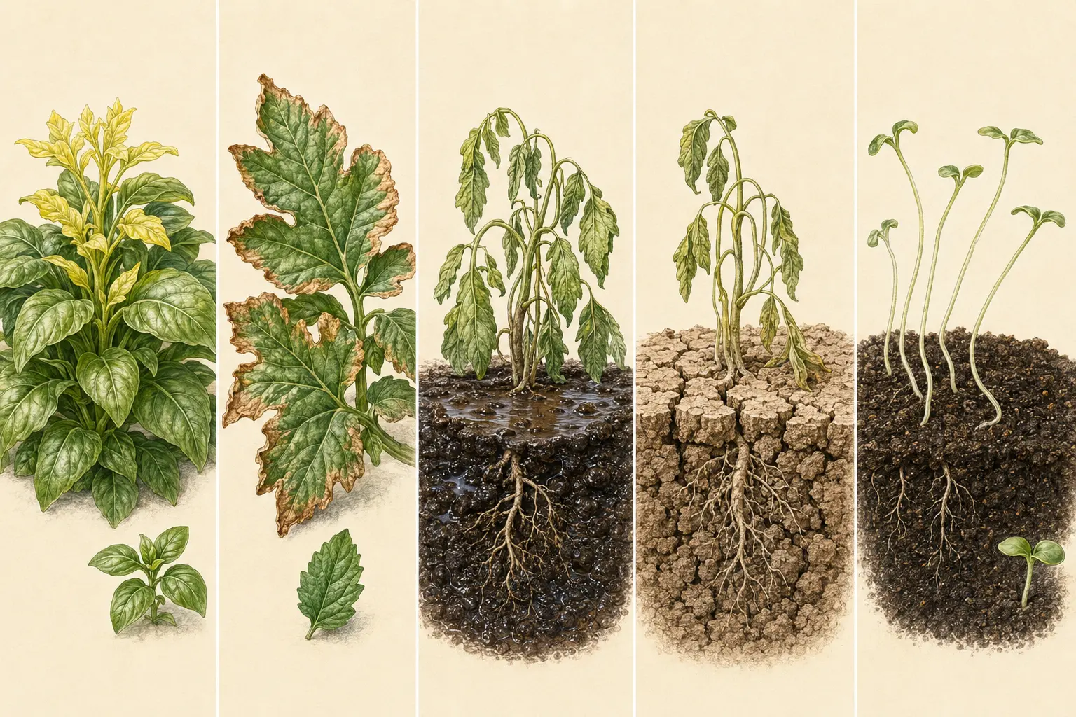 Close botanical observation of wilting in wet soil, presented as a visual symptom rather than a diagnosis.
