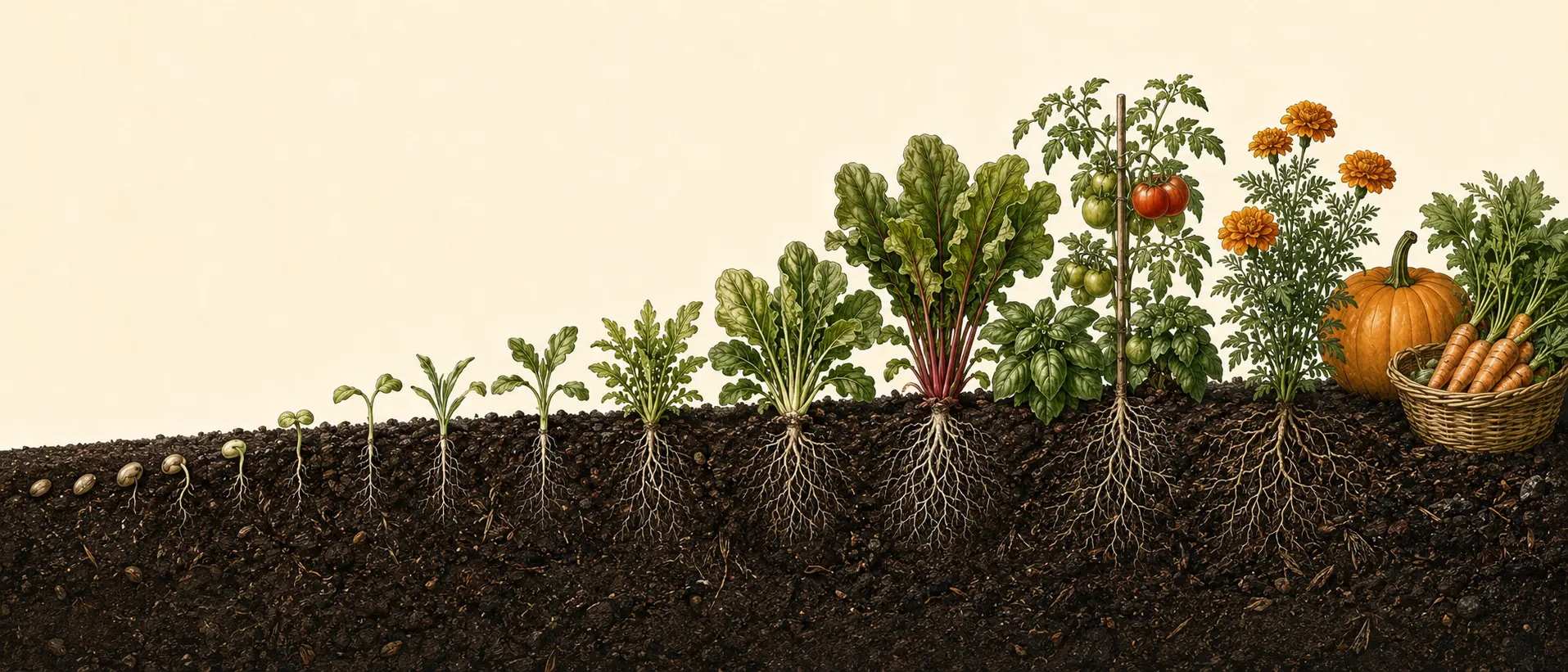 Botanical cross-section showing a garden progressing from seed and roots to leafy crops, tomatoes, flowers, pumpkin, and harvest